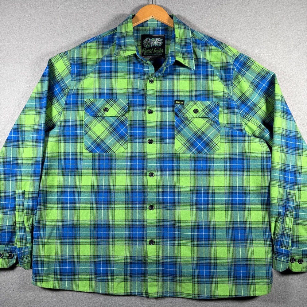 Drop Em Wear Flannel Bunker Mens 2XL Lime Green Blue Plaid Button Up Shirt 15196